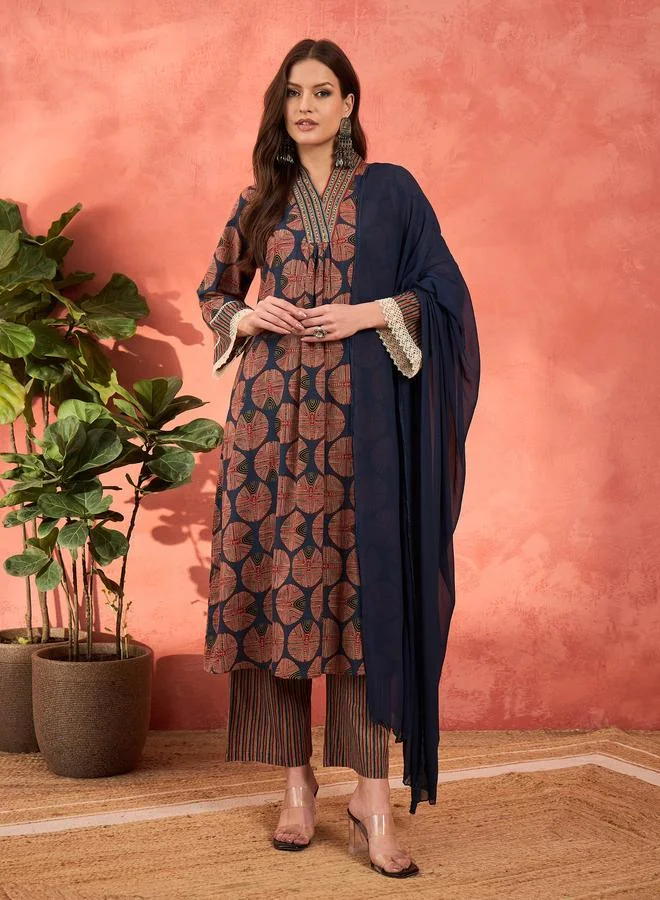 SASSAFRAS SASSAFRAS Navy Geometric Print Kurta with Pencil Pants and Dupatta Set