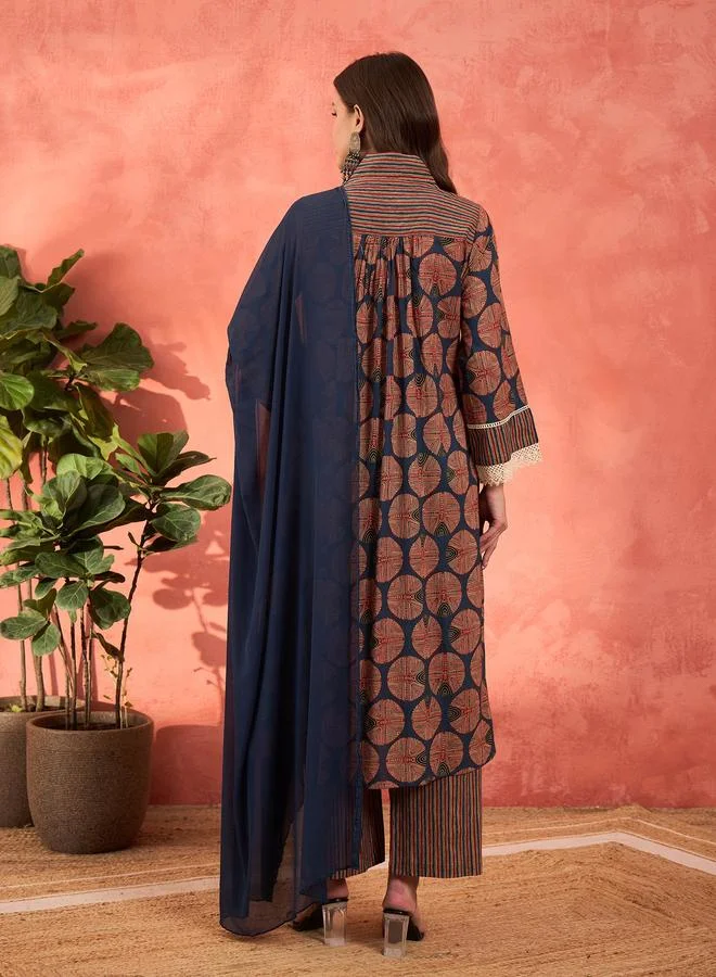 SASSAFRAS SASSAFRAS Navy Geometric Print Kurta with Pencil Pants and Dupatta Set