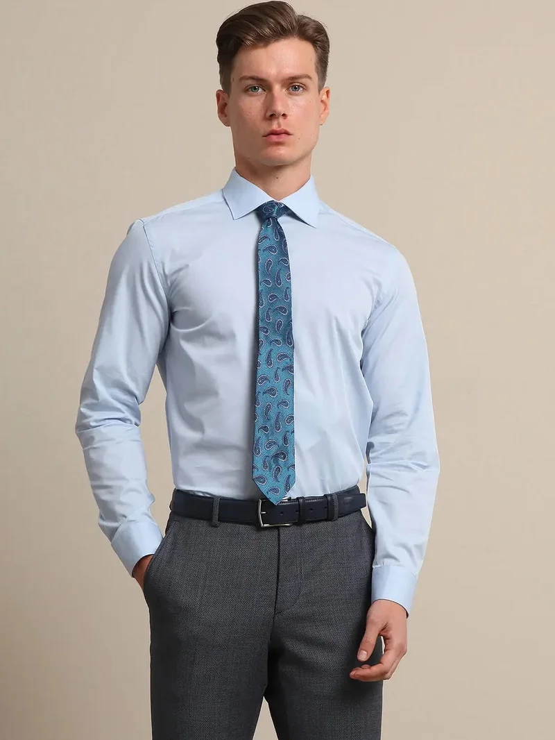 Kip Light Blue Plain Slim Fit Weaving Classical 100% Cotton Shirt