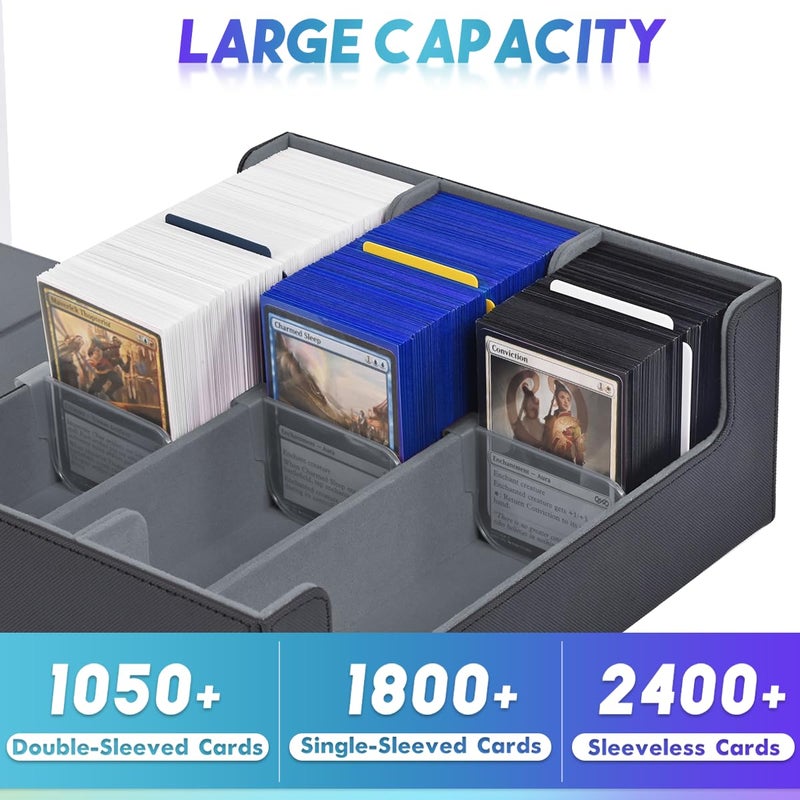 UAONO Trading Card Storage Box Holds 1800 Sleeved Cards with 10 Dividers  3 Stoppers Magnetic Closure PU Leather Card Case for MTG PTCG YGO Sports Cards Black - Image 3