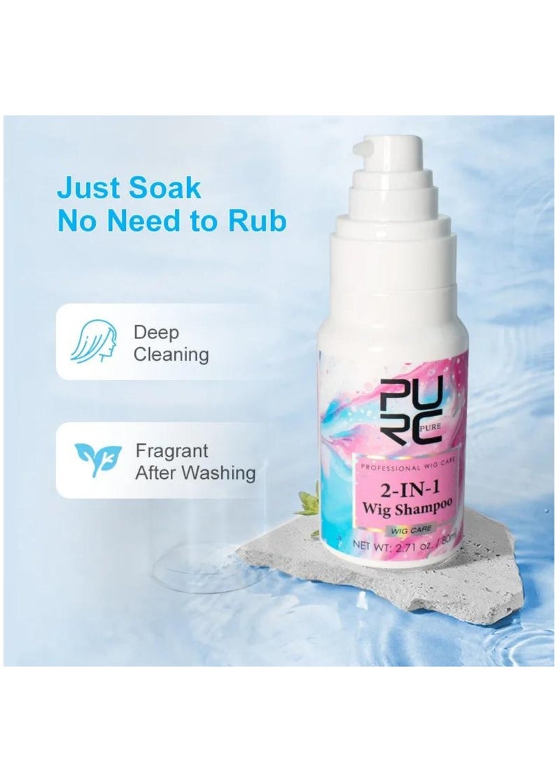 PURC شامبو الشعر المستعار 2 في 1 سعة 80 مل، منظف ومرطب في شامبو واحد للعناية بالشعر المستعار، يزيل الزيوت والبقع ويترك الشعر ناعمًا ولامعًا وكثيفًا، شامبو الشعر المستعار، شامبو نقع الشعر - Image 4
