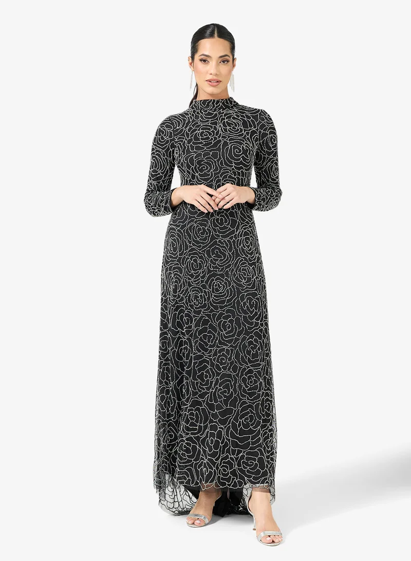 Embellished Sequin Modest Mesh Detail Maxi Dress