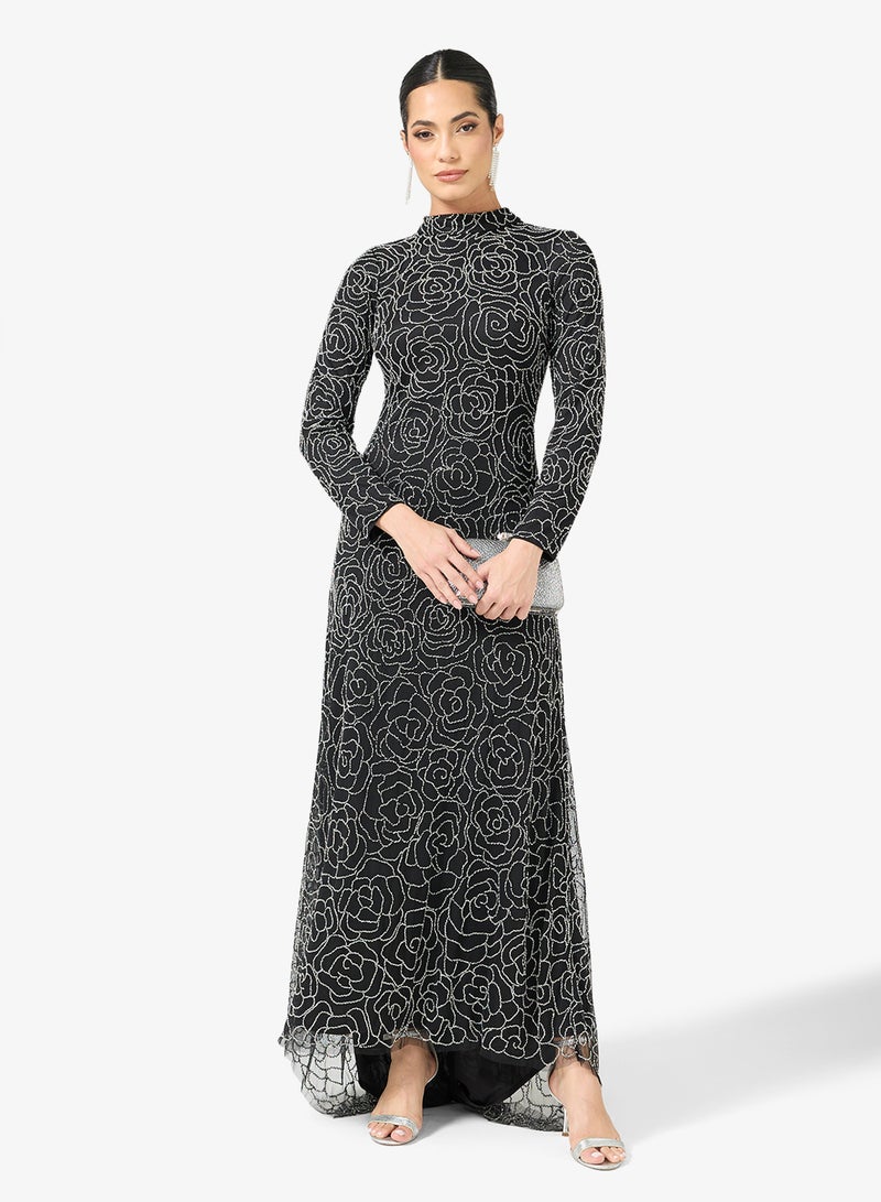 MARYISA Embellished Sequin Modest Mesh Detail Maxi Dress - Image 4