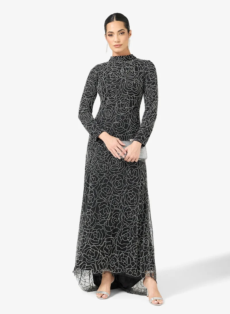 Embellished Sequin Modest Mesh Detail Maxi Dress