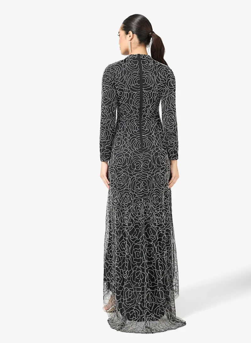MARYISA Embellished Sequin Modest Mesh Detail Maxi Dress