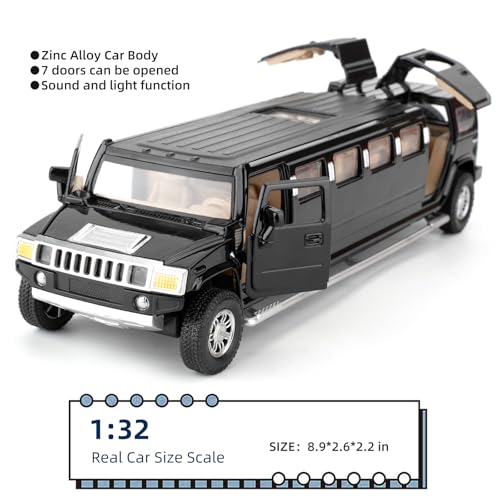 LOVEPOSELY 132 Hummer H2 Car Model Diecast Car Toy with Sound and Light Alloy Stretch Limousine Pull Back Toy Vehicle for Adult Kids Boys Girls Black - Image 5