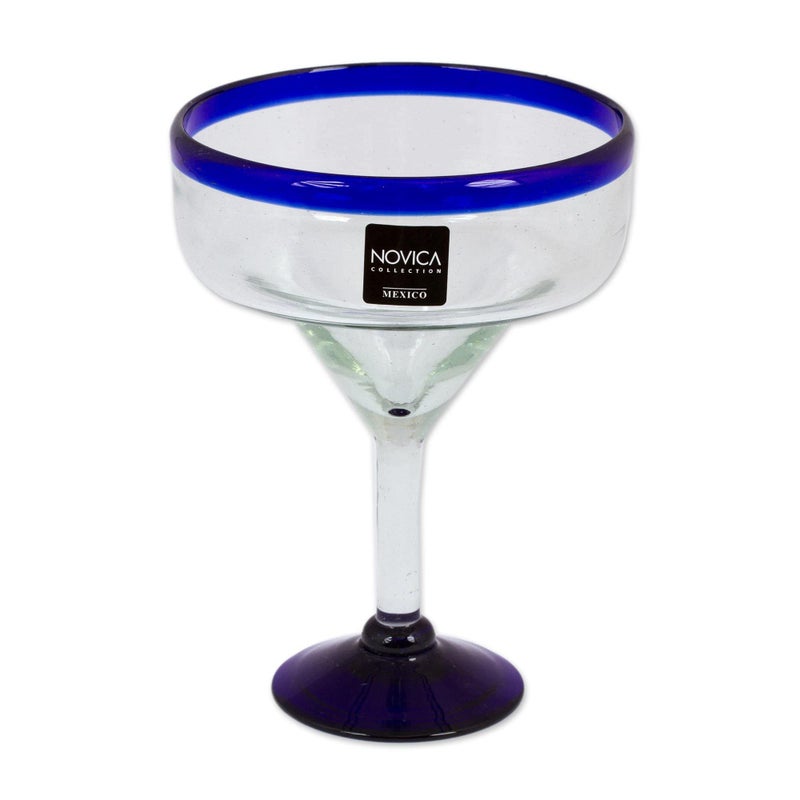NOVICA 284619 NOVICA Clear Blue Rim Glass EcoFriendly Margarita Glasses 13 Ounces Cobalt Contrasts Set Of 6 - Image 2