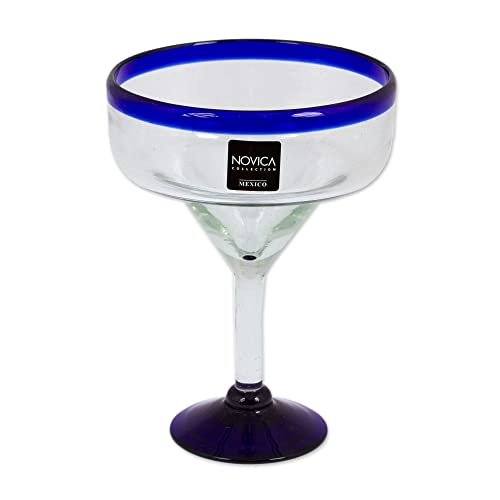 NOVICA 284619 NOVICA Clear Blue Rim Glass EcoFriendly Margarita Glasses 13 Ounces Cobalt Contrasts Set Of 6 - Image 1