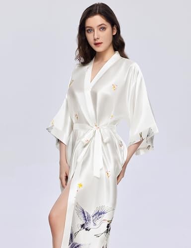 PRODESIGN Long Kimono Robe Satin Sleepwear Blouse Bathrobe Nightgown Silky Crane Kimono Cardigan Robe - Image 5
