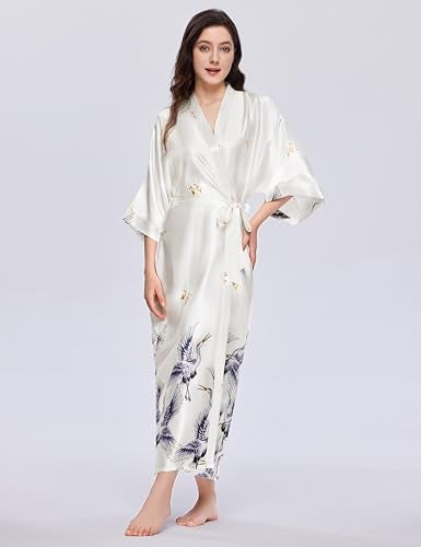 PRODESIGN Long Kimono Robe Satin Sleepwear Blouse Bathrobe Nightgown Silky Crane Kimono Cardigan Robe - Image 3