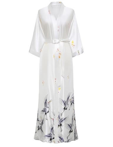 PRODESIGN Long Kimono Robe Satin Sleepwear Blouse Bathrobe Nightgown Silky Crane Kimono Cardigan Robe - Image 1
