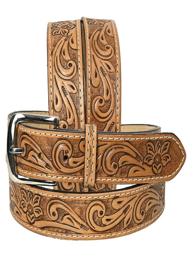 HILASON Western Genuine Leather Belt for Men Women Cowboy Cowgirl Handmade Unisex Full Grain Heavy Duty Floral Tooled - Image 1
