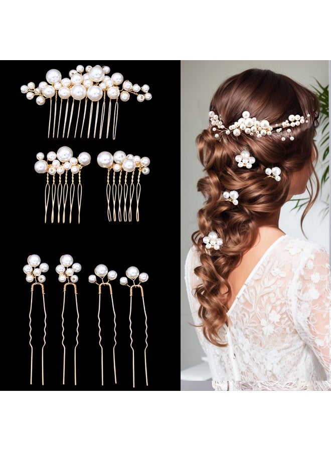 Soofam 7 pieces of Gold Wedding Bridal Pearl Hair Pins Clips Headpiece Jewelry. Hair ornaments for Bridesmaids, Brides, and Flower Girls. Pearl Style Jewelry. - Image 1