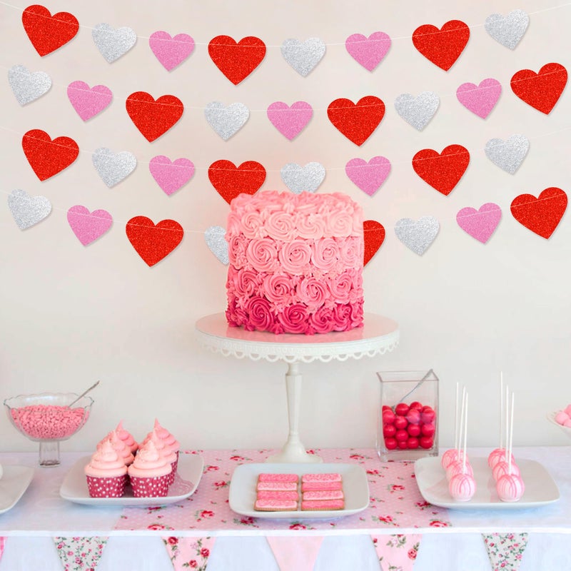 HALOGATE 72 Hearts Garland Banner Valentines Decorations - Pre-Strung Red Pink Silver Paper Glitter Valentines Heart Banner for Valentines Anniversary Wedding Birthday Party Home Mantle Hanging Decor - Image 4