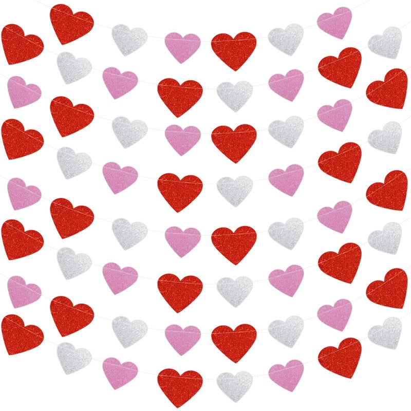 HALOGATE 72 Hearts Garland Banner Valentines Decorations - Pre-Strung Red Pink Silver Paper Glitter Valentines Heart Banner for Valentines Anniversary Wedding Birthday Party Home Mantle Hanging Decor - Image 1