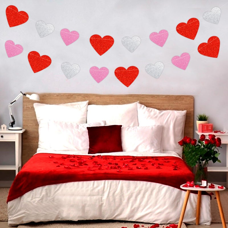 HALOGATE 72 Hearts Garland Banner Valentines Decorations - Pre-Strung Red Pink Silver Paper Glitter Valentines Heart Banner for Valentines Anniversary Wedding Birthday Party Home Mantle Hanging Decor - Image 5