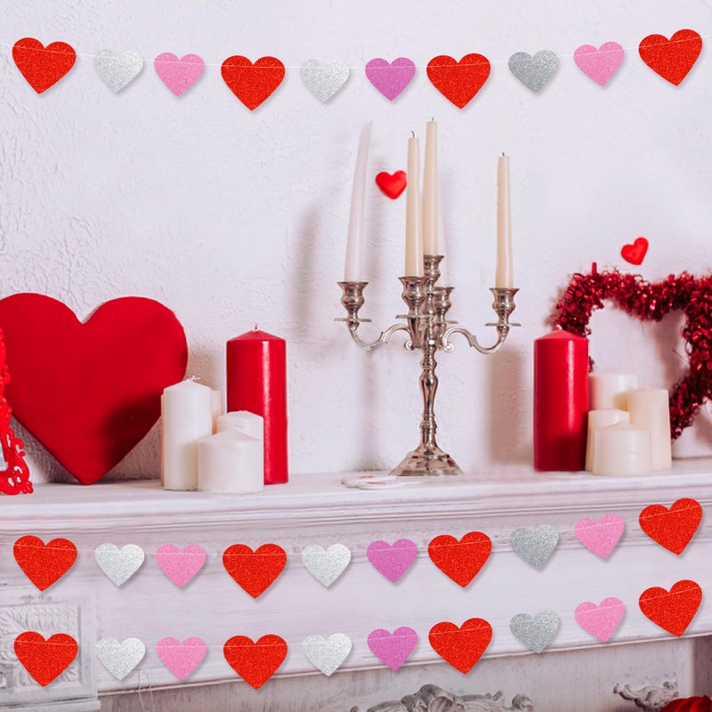 HALOGATE 72 Hearts Garland Banner Valentines Decorations - Pre-Strung Red Pink Silver Paper Glitter Valentines Heart Banner for Valentines Anniversary Wedding Birthday Party Home Mantle Hanging Decor - Image 3