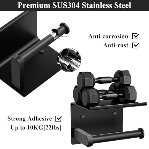 Tindbea Toilet Paper Holder with Phone Shelf, Adhesive or Screw Wall Mount Toilet Tissue Roll Holder, Rustproof & Multifunctional Stainless Steel Bathroom Storage Dispenser (Matte Black) - Image 4