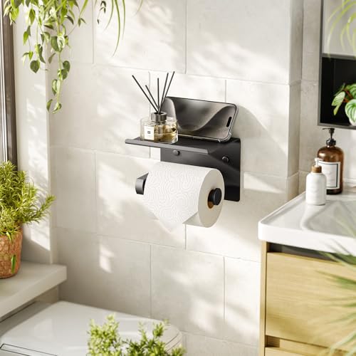 Tindbea Toilet Paper Holder with Phone Shelf, Adhesive or Screw Wall Mount Toilet Tissue Roll Holder, Rustproof & Multifunctional Stainless Steel Bathroom Storage Dispenser (Matte Black) - Image 2