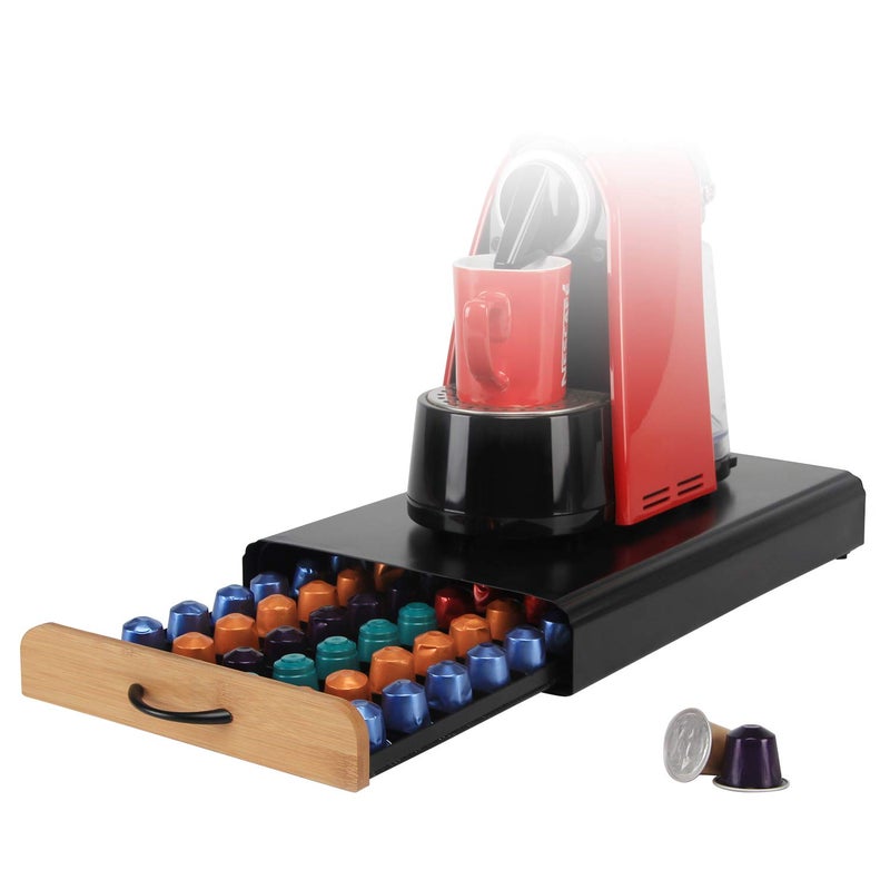 حامل كبسولات القهوة FlagShip لنظام Nespresso OriginalLine بسعة 60 كبسولة، درج قهوة معدني أسود مع خشب البامبو