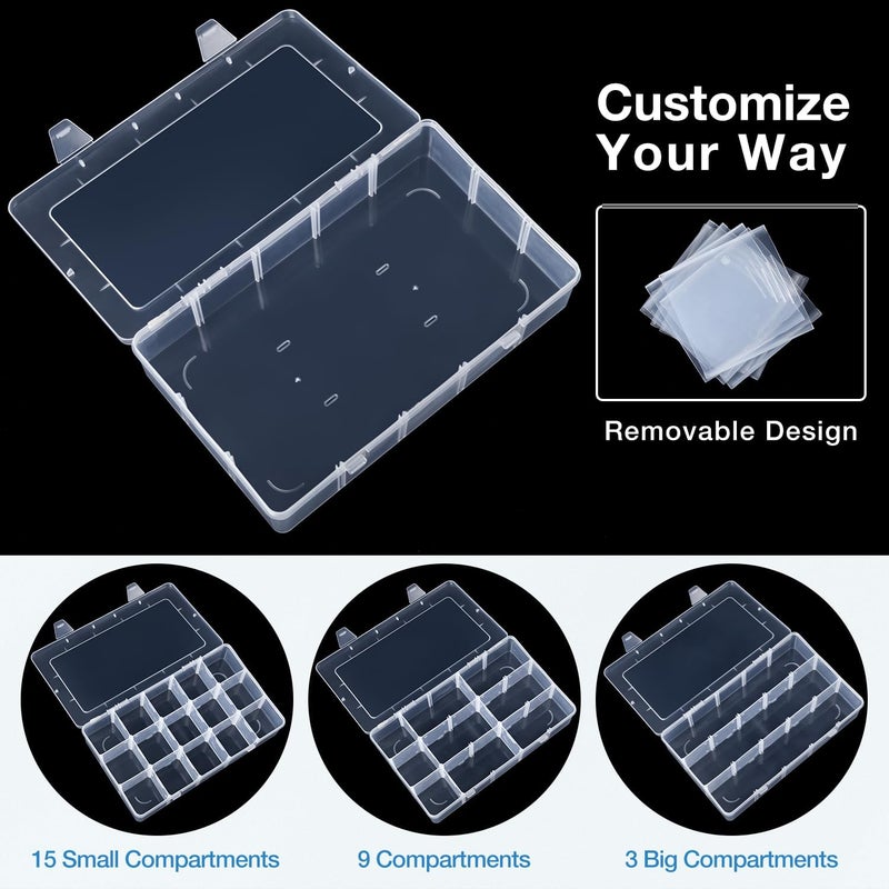 Benbilry 2 Pack 15 Grids Clear Storage Containers Plastic Organizer Box Craft Storage Boxes with Adjustable Dividers for Beads Organizer Art DIY Fishing Tackles Jewelry Crafts - Image 3