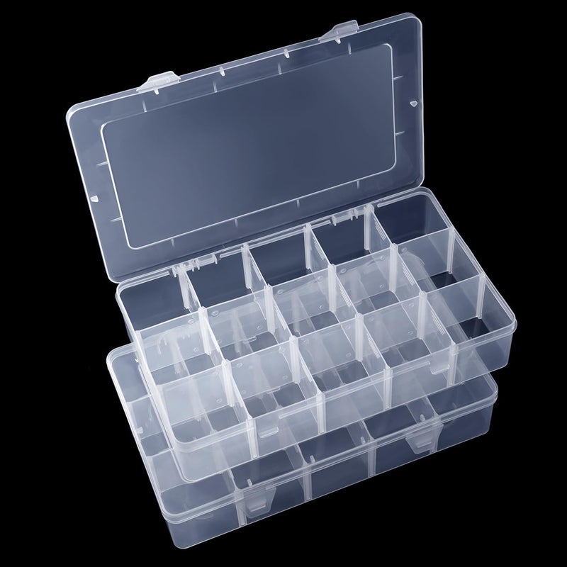 Benbilry 2 Pack 15 Grids Clear Storage Containers Plastic Organizer Box Craft Storage Boxes with Adjustable Dividers for Beads Organizer Art DIY Fishing Tackles Jewelry Crafts - Image 1