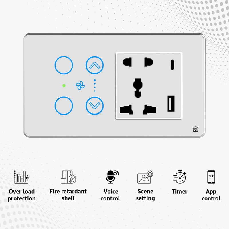 Home Mate HomeMate Smart Touch Switch Panel White with Silver Bezel Edge Series 2 Switch 1 Fan 1 Socket with Quick Charge USBs Compatible with 4 Gang Box Works with Alexa Google Assistant Siri - Image 3