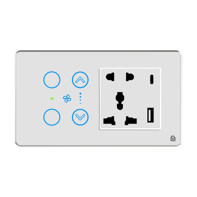 Home Mate HomeMate Smart Touch Switch Panel White with Silver Bezel Edge Series 2 Switch 1 Fan 1 Socket with Quick Charge USBs Compatible with 4 Gang Box Works with Alexa Google Assistant Siri - Image 1