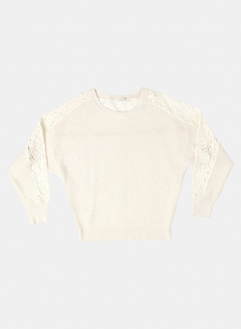 Promod Women's Cream Textured Knit Sweater with Lace Detail