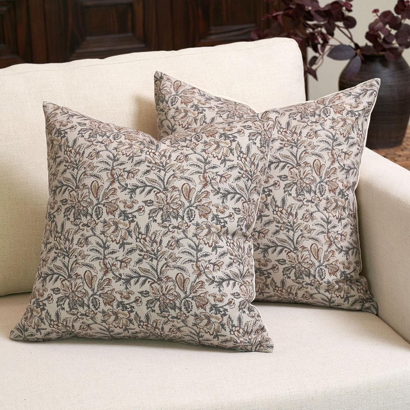 Amor Virisso Floral Throw Pillow Covers 20x20 Set of 2 Vintage Block Print Pillow Covers Decorative Pillow Covers Couch Pillows for Living Room Farmhouse Accent Sofa Pillows, Green/Sand - Image 1