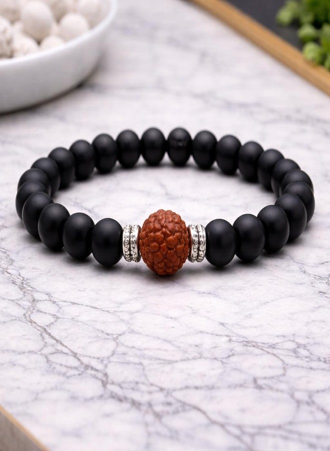 Sukhad Rudraksha & Black Matte Bead Bracelet for Men & Women – Natural Rudraksha Spiritual Bracelet – Stretchable Yoga Meditation for Luck, Protection & Positive Energy - Image 2
