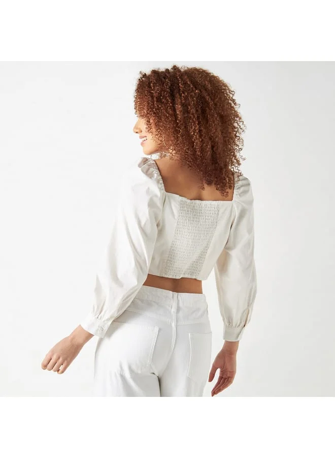 Lee Cooper Lee Cooper Solid Crop Top with Diamond Neck and Tie-Ups