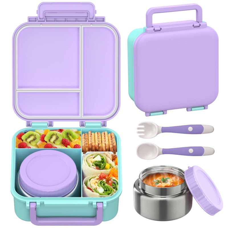 JOOPETALK Bento Lunch Box for Kids with 9oz Thermo, Leak-proof Lunch Containers with 3 Compartments,Kids-friendly Size,Durable/Dishwasher Safe Lunch Box for School Outdoors-Purple-blue - Image 1
