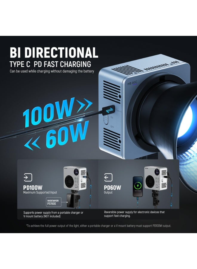 نيوير NEEWER HB80C RGBWW LED Video Light with Built-in 72Wh Battery & 100W PD Fast Charging, 80W Mini RGB COB Continuous Output Lighting Bowens Mount Handheld Spotlight 2500K-7500K, 10400lux/m, 18 Effects - Image 4