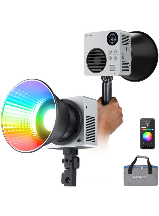 نيوير NEEWER HB80C RGBWW LED Video Light with Built-in 72Wh Battery & 100W PD Fast Charging, 80W Mini RGB COB Continuous Output Lighting Bowens Mount Handheld Spotlight 2500K-7500K, 10400lux/m, 18 Effects - Image 1