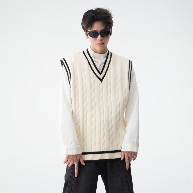 Academy Style V-Neck Knitted Vest Mens Autumn and Winter American Style Retro Loose Sleeveless Sweater Vest Pullover Waistcoat White