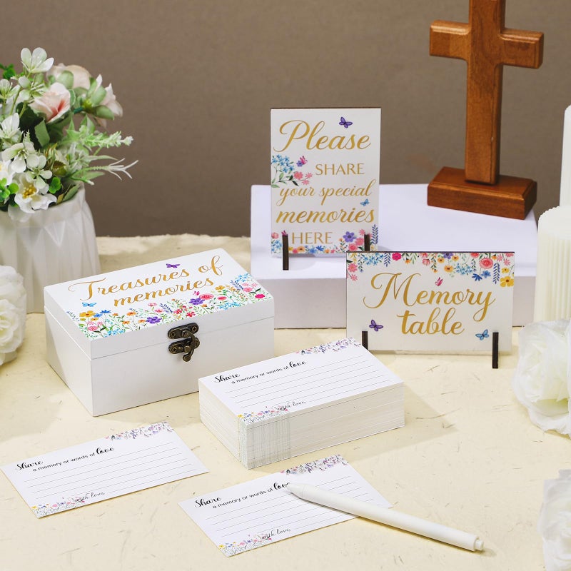 Gilprop 112 Pcs Celebration of Life Memory Cards Set Share a Memory Cards with Box 2 Wood Sign with 4 Hold and 5 Pens, Sympathy Memorial Gifts Funeral Keepsake Decorations(Wildflowers) - Image 4