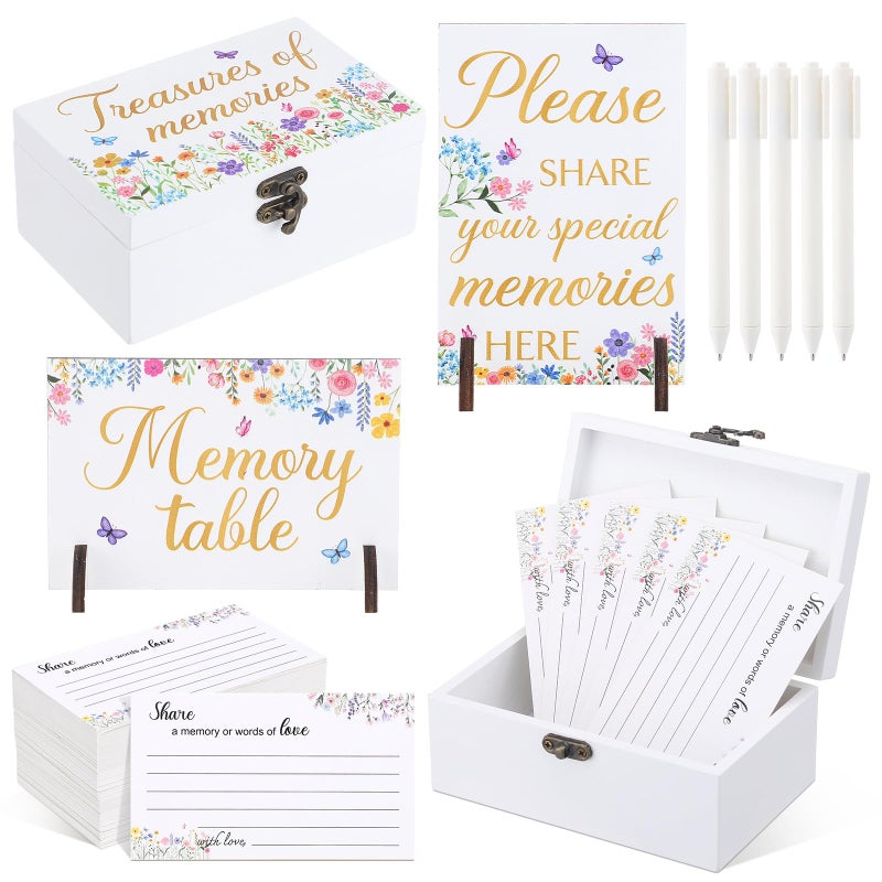 Gilprop 112 Pcs Celebration of Life Memory Cards Set Share a Memory Cards with Box 2 Wood Sign with 4 Hold and 5 Pens, Sympathy Memorial Gifts Funeral Keepsake Decorations(Wildflowers) - Image 1