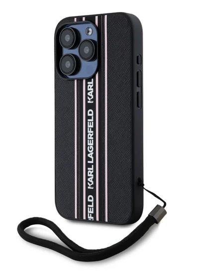 Karl Lagerfeld iPhone 16 Pro Max PU Hard Case with Athleisure Strips and Wrist Strap / Lightweight / High-Quality Back Cover / Comfortable and Secure Grip Cover - Black