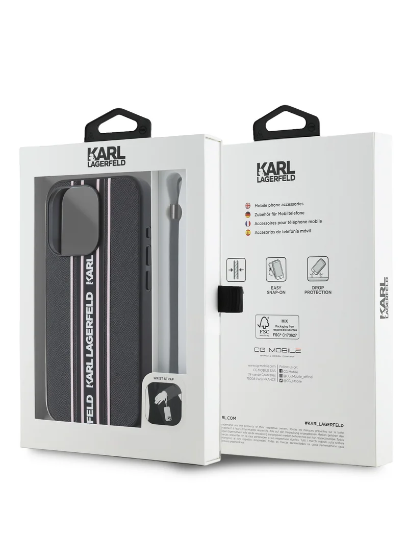 Karl Lagerfeld iPhone 16 Pro Max PU Hard Case with Athleisure Strips and Wrist Strap / Lightweight / High-Quality Back Cover / Comfortable and Secure Grip Cover - Black