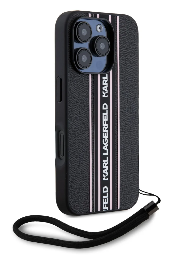Karl Lagerfeld iPhone 16 Pro Max PU Hard Case with Athleisure Strips and Wrist Strap / Lightweight / High-Quality Back Cover / Comfortable and Secure Grip Cover - Black