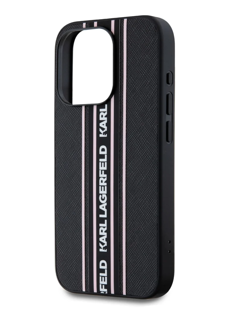 Karl Lagerfeld iPhone 16 Pro Max PU Hard Case with Athleisure Strips and Wrist Strap / Lightweight / High-Quality Back Cover / Comfortable and Secure Grip Cover - Black