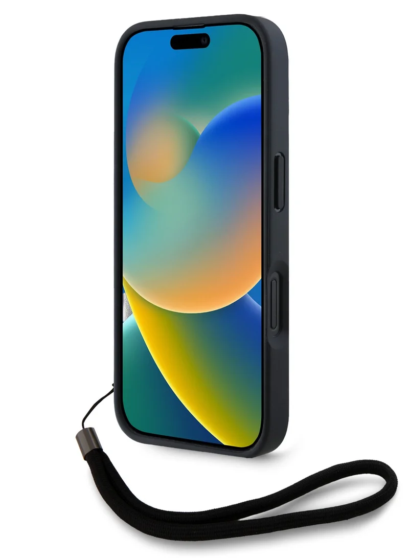 Karl Lagerfeld iPhone 16 Pro Max PU Hard Case with Athleisure Strips and Wrist Strap / Lightweight / High-Quality Back Cover / Comfortable and Secure Grip Cover - Black