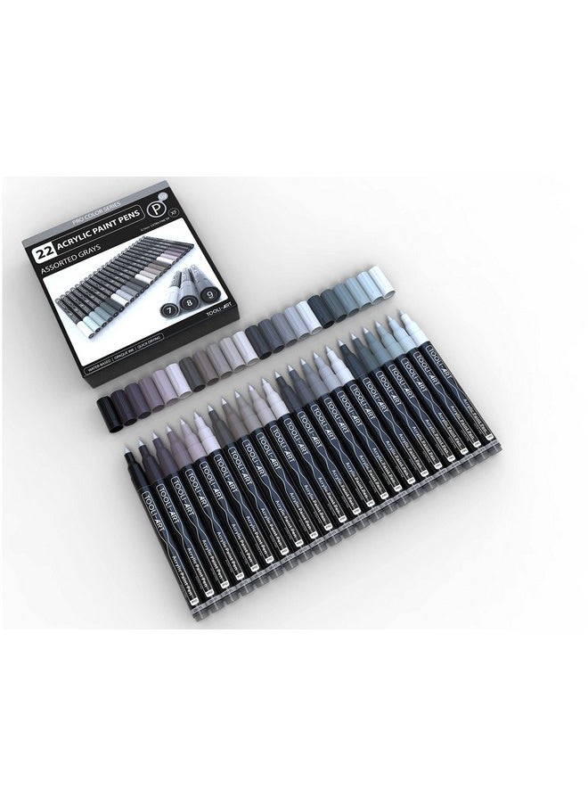 TOOLI-ART Acrylic Paint Pens Gray Tones 22 Assorted Pro Color Series Grey Markers Set 0.7Mm Extra Fine Tip For Rock Painting Glass Mugs Wood Metal Canvas Diy Projects Non Toxic Waterbased Quick Drying  - Image 1