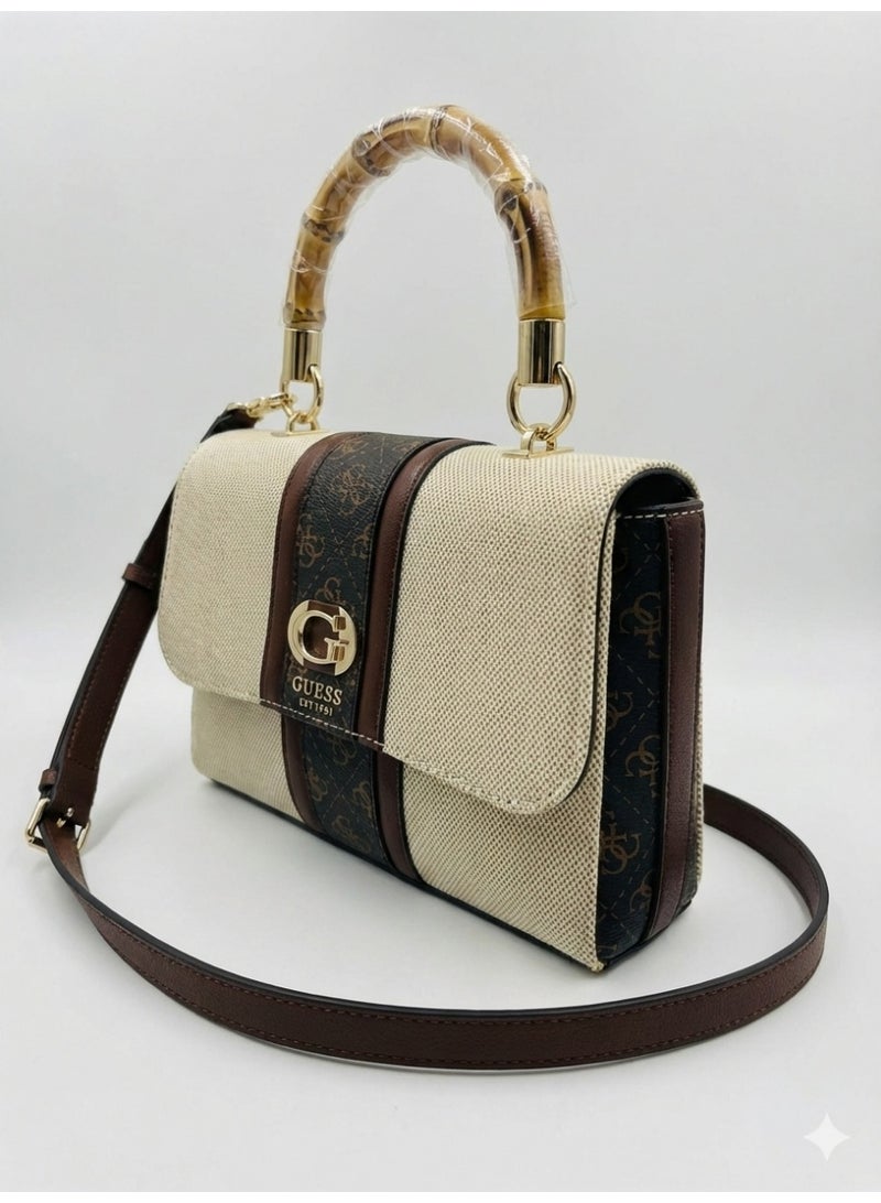 Guess Kerima Flap Satchel Handbag - Beige/ Dark Brown with Bamboo Handle & Detachable Strap - Image 2