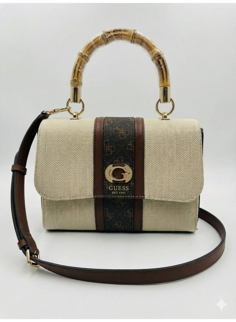 Guess Kerima Flap Satchel Handbag - Beige/ Dark Brown with Bamboo Handle & Detachable Strap - Image 1