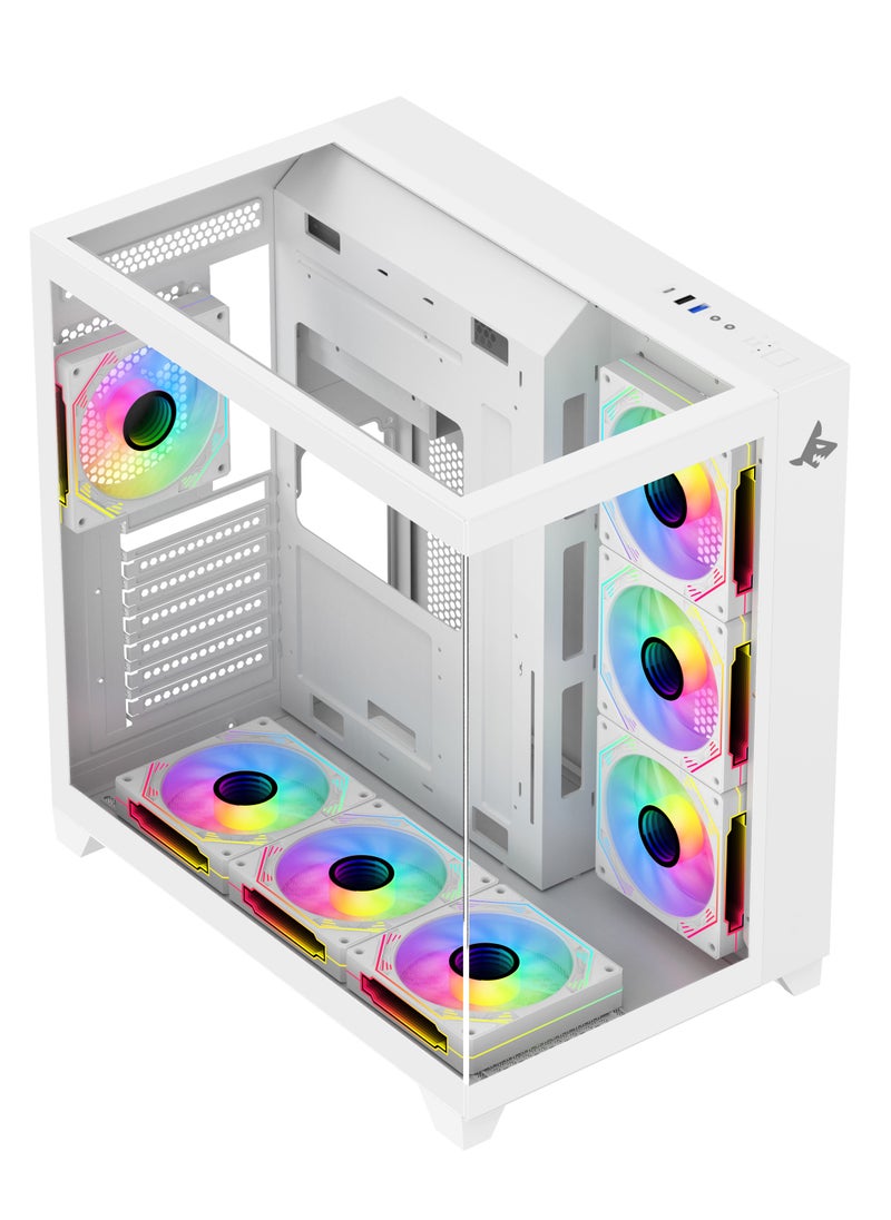 SHARX SHARX CASE PROFIN ATX Min-Tower Gaming PC Case (GX700-W), With 7X 120mm Pre-Installed  ARGB Fans, and Controller,  Tempered Glass,  I/O (Ports Type C*1 / USB3.0 *1 / USB2.0 *2 / Buttons Power/Reset), (White)  - Image 1