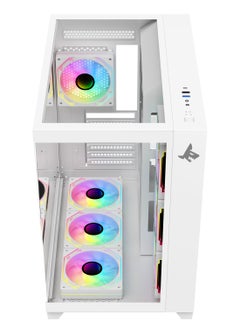 صندوق الكمبيوتر للألعاب شاربكس PROFIN ATX Min-Tower (GX700-W) مع 7 مراوح 120 مم ARGB مثبتة مسبقًا، وجهاز تحكم، زجاج مقسّى، ومنافذ I/O (منافذ نوع C1 / USB3.0 *1 / USB2.0 2 / أزرار: الطاقة / إعادة التعيين)، (أبيض).  - Image 2