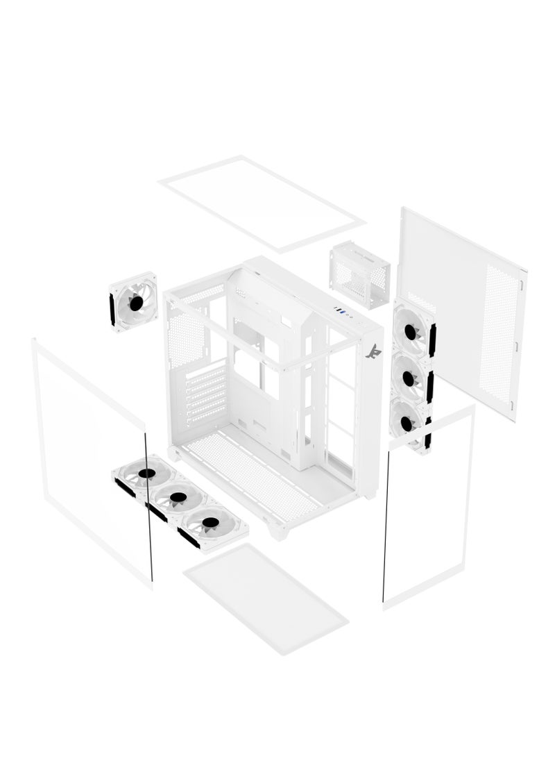 null - صندوق الكمبيوتر للألعاب شاربكس PROFIN ATX Min-Tower (GX700-W) مع 7 مراوح 120 مم ARGB مثبتة مسبقًا، وجهاز تحكم، زجاج مقسّى، ومنافذ I/O (منافذ نوع C1 / USB3.0 *1 / USB2.0 2 / أزرار: الطاقة / إعادة التعيين)، (أبيض). - Image 1