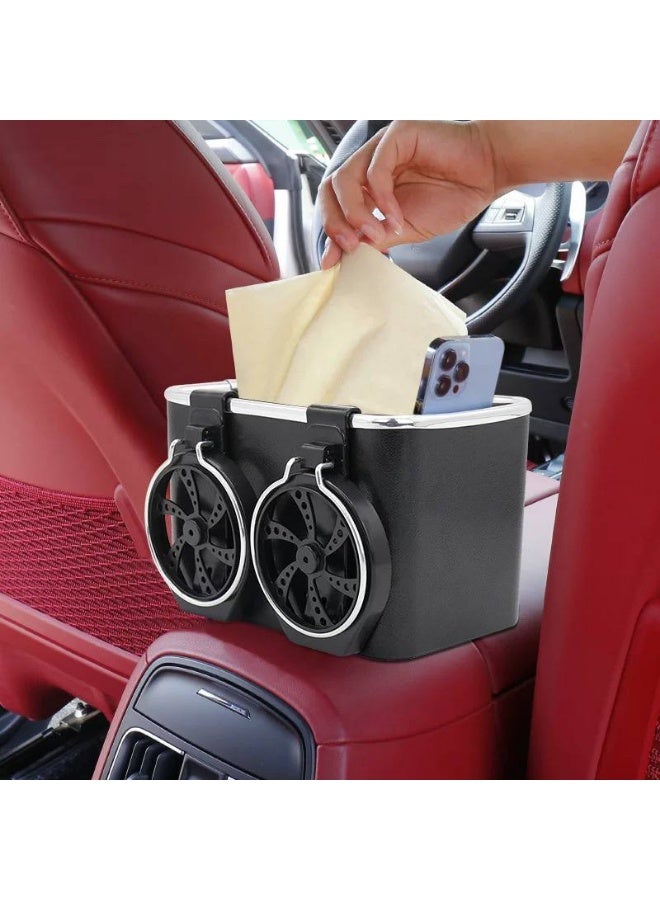 Multifunctional Car Armrest Storage Box with Foldable Cup Holder and Paper Towel Space Suitable for Holding Coffee, Water Bottles, Phones Keeps Side Console Tidy - Black - Image 1